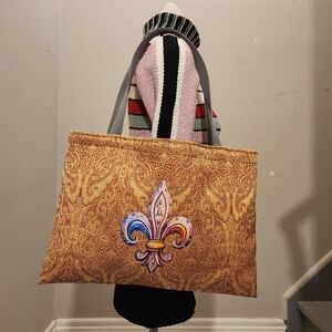 Chic Handmade Unique Gold Tote Bag with Fleur-de-Lis Accent